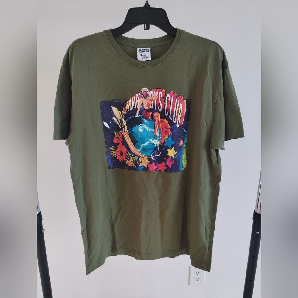 Billionaire Boys Club T Shirt Size XL Olive Green Women Earth Space Astronaut 